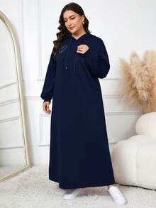 Modelyn 大尺碼抽繩連帽長袖休閒素色端莊阿拉伯風冬季洋裝 - 藏蓝色 - 查看 5