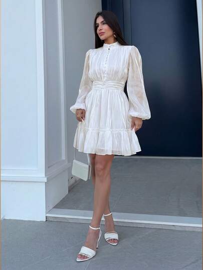 Yohana Edit Women's White Elegant Summer Mini Dress, Stand Collar Lantern Sleeve Ruched Flounce Hem Chic Holiday Party Vacation Beach Outfits,Holiday