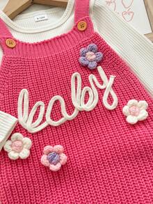 SHEIN Baby Girls Newborn Knitted Romper, Crawler Suit, Rose Pink, Exquisite Embroidery, 3D Flower Decoration, Cute Elegant Luxurious, Can Be Paired With T-Shirt - Hot Pink - View 5