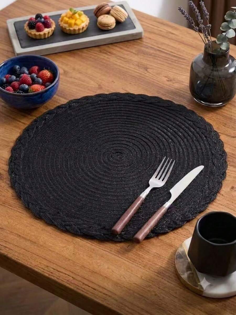 1/4/6/8/10/16/50PCS Black, Simple Bohemian-Style Woven Round Tablecloth With Solid-Colored Braided Lace, Non-Slip Table Mat. Hand-Woven, Non-Slip, Heat-Resistant, Machine-Washable And Easy To Clean - Black - View 1