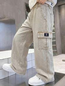 SHEIN Tween Boy Fashion Casual Vintage Y2k Basic Simple Mix And Match Loose Comfortable Straight Leg Jeans For Kids Clothes Boys Soft Dailywear And Kids Summer And Spring Clothes - Khaki - View 6