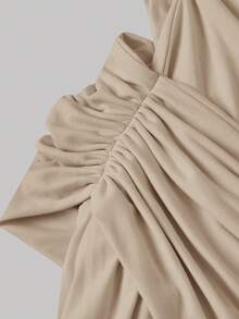 SHEIN MOD 女款素色不對稱領褶皺優雅休閒性感收腰洋裝，適合派對、晚餐、約會、畢業典禮、海灘婚禮，米色夏季款 - 杏色 - 查看 6