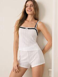 Ocili Lowkey Lull 100% Baumwolle Bequemer Minimalistischer Dichte Kante Lässig Weich Chic 2-teiliges Set Minimalistischer Neutraler Damen Pyjama Loungewear Set - Weiss - Übersicht 2