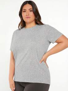 SHEIN BASICS 大尺碼純色圓領T恤夏季上衣 - 淺灰色 - 查看 5