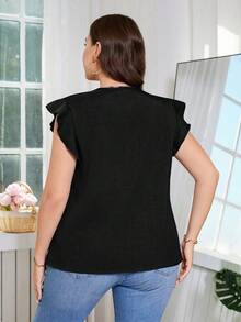 SHEIN Clasi Plus Size Women Summer Simple Solid Color Ruffle Button Decor Blouse - Black - View 3