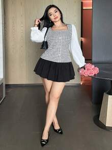 Dazy Plus Blusa elegante de talla grande con bloques de color, patchwork y puños acampanados para primavera, verano y otoño - Gris - Ver 8