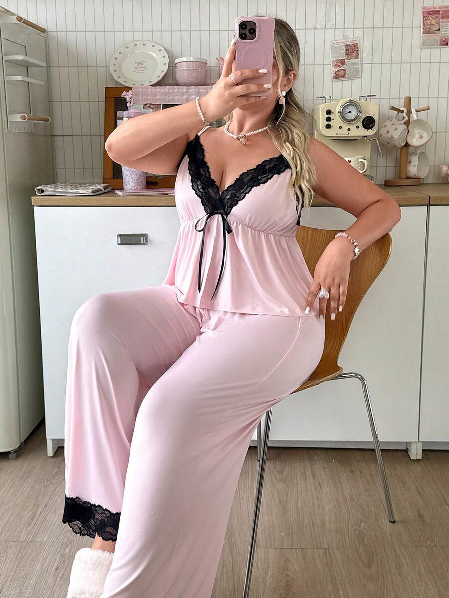 Slumberry CURVE Set Piyama Rajut Pink Ukuran Plus dengan Motif Blok Warna dan Patchwork Renda yang Nyaman dan Melangsingkan INS - Berwarna merah muda - View 1