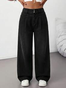 SHEIN Tall CURVE 大尺碼時尚百搭口袋鈕扣寬鬆牛仔褲 女款牛仔女孩風冬季秋季服飾 - 黑色 - 查看 5