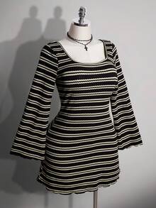 SHEIN ICON Plus Size Colorful Striped Backless Bell Sleeve Knit Dress - Black and White - View 5