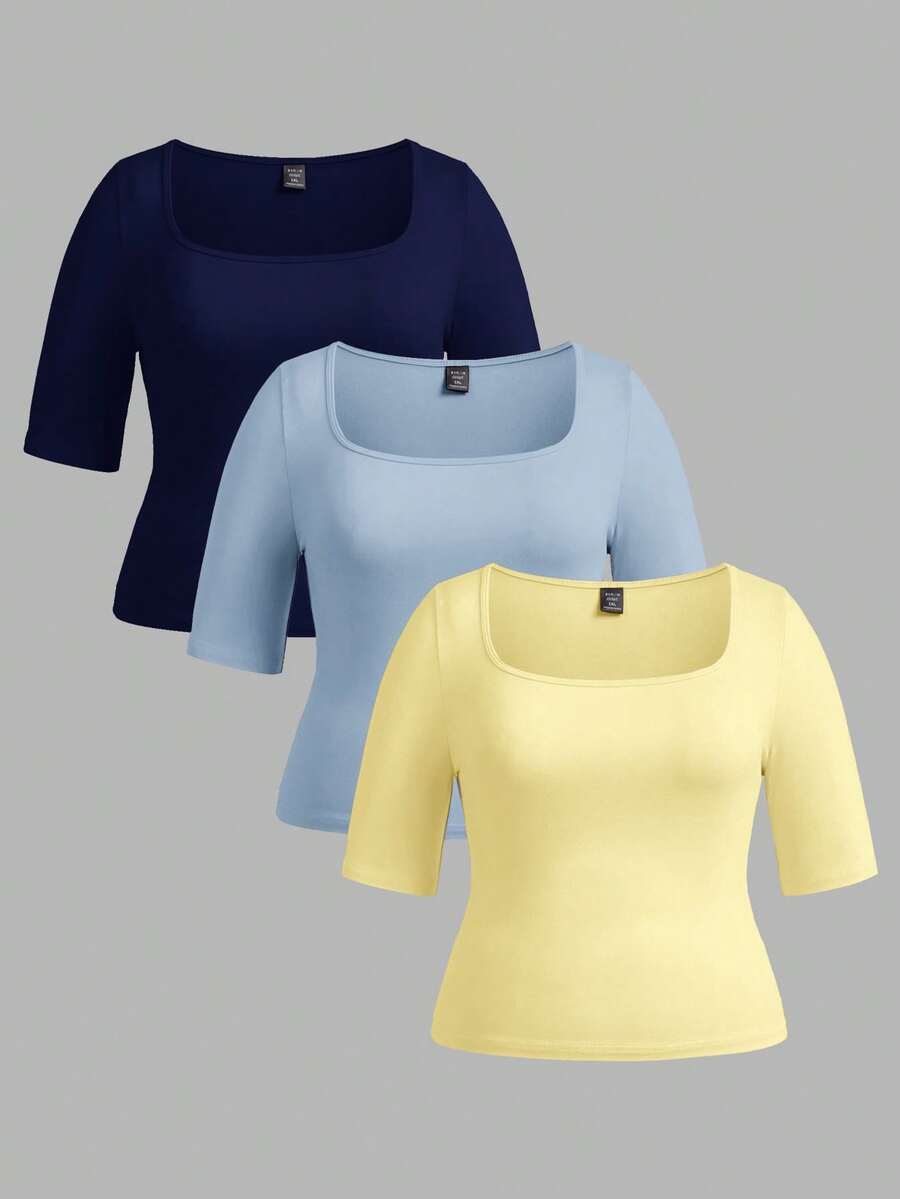 SHEIN BASICS 3件裝休閒純色針織方領短袖修身大尺碼T恤 - 彩色 - 查看 1