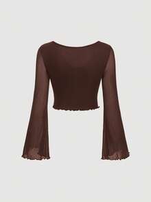 SHEIN MOD Plus Solid Deep V Neck Lettuce Trim Tie Front Trumpet Sleeve Tee Fall - Brown - View 4