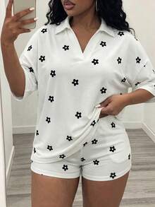 Slaydiva 春夏新款休閒街頭日常穿著、外出、居家、約會、度假、海灘性感鏤空針織紋理黑色與杏色條紋V領短袖寬鬆修身T恤上衣與緊身短褲兩件套，大尺碼 - A - 白色 - 查看 10