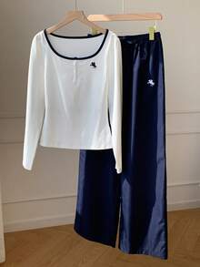 Comfortcana 女款馬術刺繡鈕扣半開襟長袖上衣與長褲休閒兩件套 - 彩色 - 查看 3