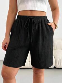 Shapeblank Shorts casuales versátiles de uso diario para mujer talla grande, color liso, con cintura con cordón - Negro - Ver 5
