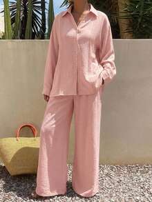Livesso Ensemble 2 pièces décontracté pour femme, chemise rose à col revers, manches longues et plis, avec pantalon large ample, style commuter été-automne - Rose bonbon - Voir 4
