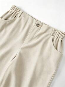 SHEIN Tall CURVE 大尺碼女款純色口袋直筒休閒通勤長褲 秋季 - 米色 - 查看 5