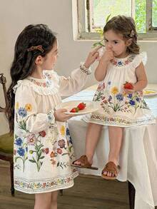 SHEIN LMoss Kids 女童雪纺碎花荷叶边休闲连衣裙 - 白色 - 查看 3