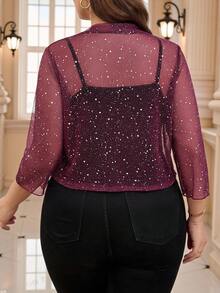 Reflora Plus Size Fashion Foil Mesh Cropped Jacket - Pink - View 2