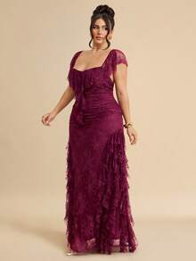 SHEIN BAE CURVE Abito bianco con balze in pizzo per taglie comode - Rosso - Visualizzare 5