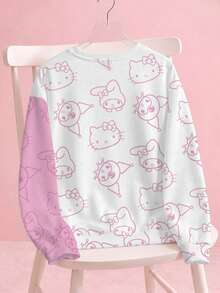 HELLO KITTY AND FRIENDS | SHEIN Plus Size Colorblock Patchwork Cartoon Print Crew Neck Sweatshirt Fall - White - View 2