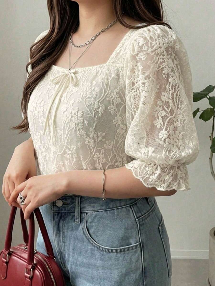 Dazy Plus 蝴蝶結裝飾蕾絲泡泡短袖優雅百搭春夏杏色T恤 - 杏色 - 查看 1