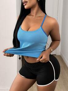 SHEIN Sports 女款側邊抽繩日常健身運動背心 - 藍色 - 查看 3