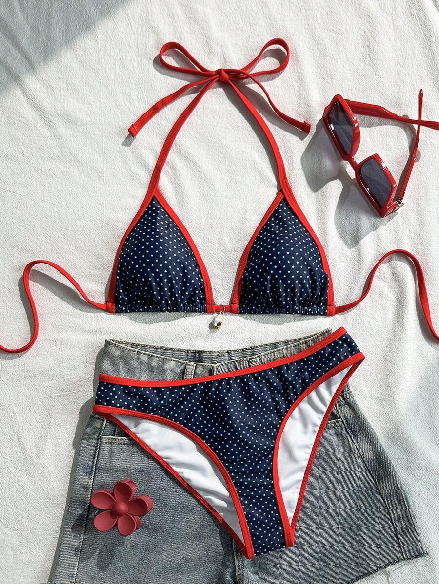 Swim Mod 女款兩件式泳衣套裝,星星印花與純色拼接,夏季度假海灘穿搭 - 彩色 - 查看 1