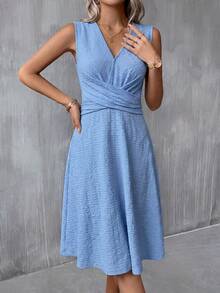 SHEIN Clasi 女款紋理交叉百褶收腰優雅洋裝 - 淺藍色 - 查看 6