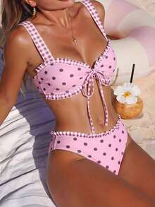 Swim Mod Women's Summer Beach Polka Dot Plaid Ruched Bikini Top And Triangle Bottom Two-Piece Swimsuit Set Pink And Black Polka Dot Cute - Pink - View 1