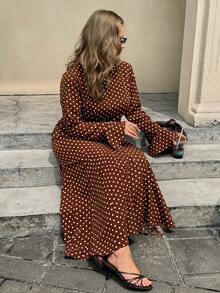 Easura Plus Size Polka Dot Flare Sleeve Mermaid Hem Dress Fall - Brown - View 7