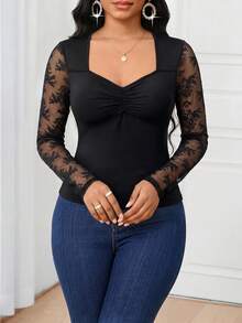 SHEIN Lady 女款對比蕾絲長袖抓皺修身時尚T恤 - 黑色 - 查看 3