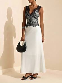 Vesra Lace Patchwork V-Neck Sleeveless Fitted Waist Bodycon Long Dress For Women - Multicolor - View 7