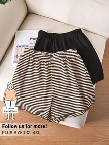 CosyJoli Plus Size Summer Casual Textured Black And Striped Shorts - Coffee Brown - View 1