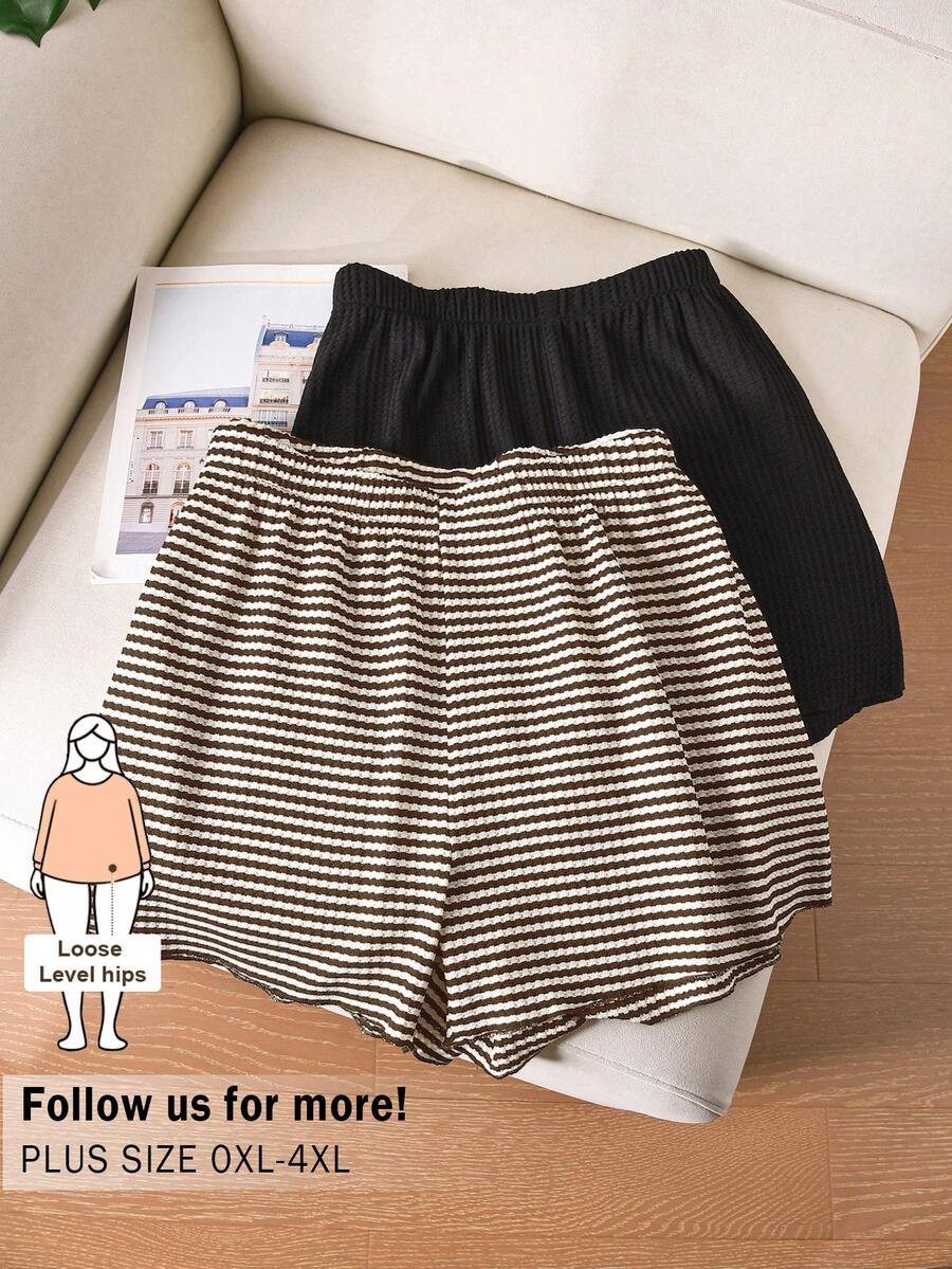CosyJoli Plus Size Summer Casual Textured Black And Striped Shorts - Coffee Brown - View 1