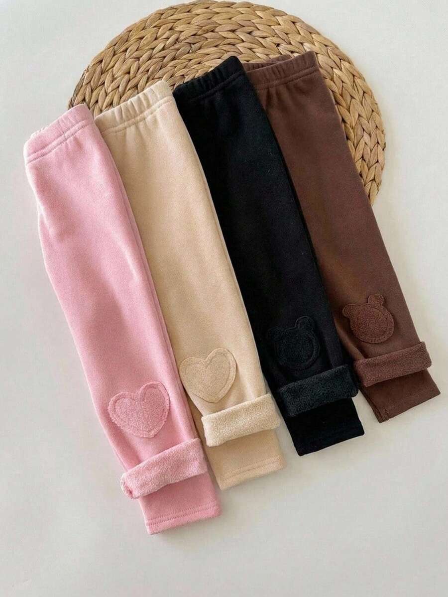 SHEIN 4件組少女可愛休閒針織秋冬百搭愛心圖案長褲,適合居家、戶外運動、學校、日常休閒,可與媽媽、姊姊、妹妹搭配穿著 - 黑色 - 查看 1