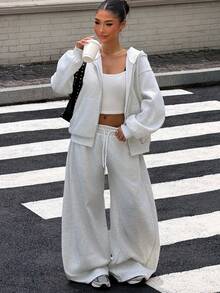 Muchica 2pcs Stylish Women's Two-Piece Set: Hooded Zip-Up Sweatshirt And Drawstring-Waist Joggers With A Curved Hem-Suitable For Casual Wear And Workouts. - Grey - View 5