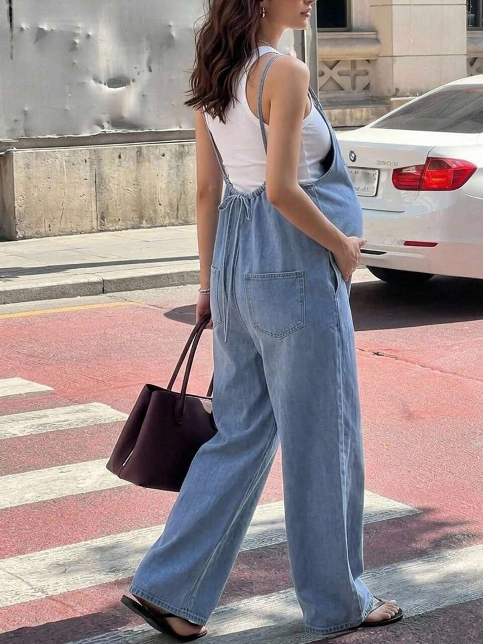 Light Wash Denim Loose Back Tie Waist Maternity Overalls Long Pants Spring Summer Autumn