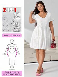 Solflare White Plus Size Women's Hollow Embroidery Short Sleeve Ruffle Hem Casual Boho Bohemian Dress Dinner Vacation Summer - White - View 1
