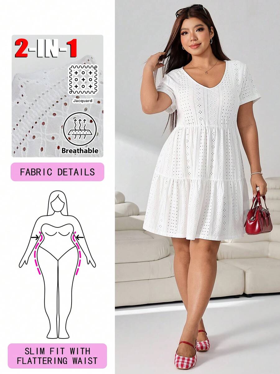 Solflare White Plus Size Women's Hollow Embroidery Short Sleeve Ruffle Hem Casual Boho Bohemian Dress Dinner Vacation Summer - White - View 1