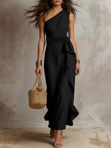 Solivie Women's Solid Color One-Shoulder Patchwork Ruffle Sleeveless Elegant Dress - Black - View 4