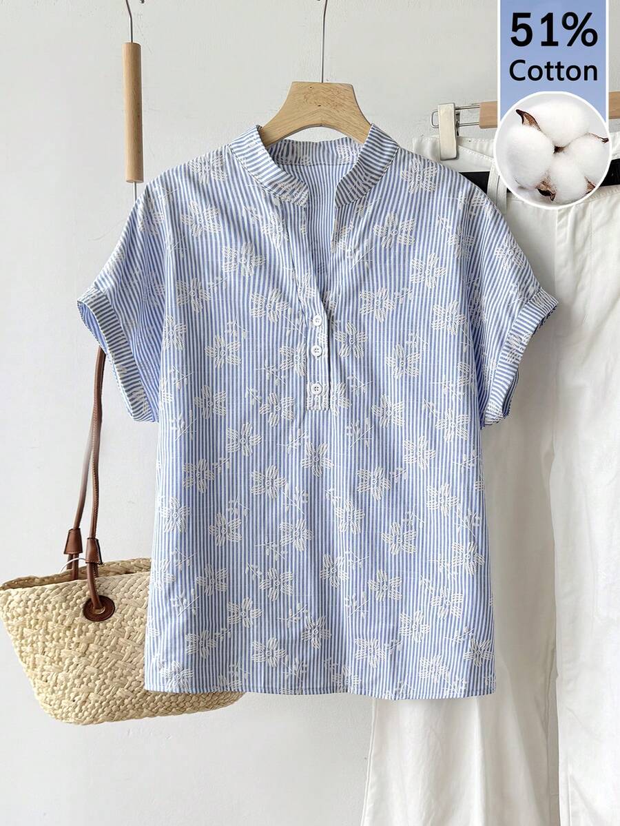 Tseoso Women's Striped Floral Embroidered Pattern Casual Versatile Daily Wear Shirt - Blue and White - View 1