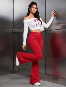 SHEIN Tall 女款純色鈕扣前口袋休閒牛仔褲，日常穿著，紅色緊身褲，喇叭褲，聖誕節、情人節、新年新款紅色牛仔褲，適合高個女性 - 紅色 - 查看 5