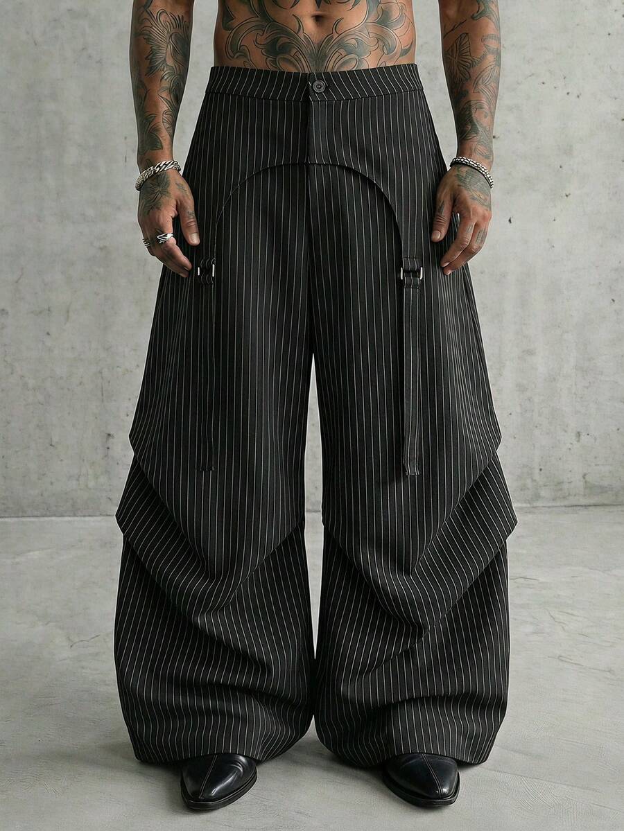 AXEPEAK Men's Fashion Commute Striped Wide Leg Pants - Black - View 1