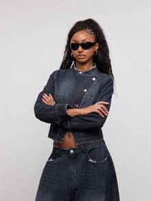 COUREZ Asymmetric Front Military Denim Jacket, Y2K Autumn Fall Going Out Festival Concert Lightweight Drummer Jacket , Fall Winter For Women - Dark Wash - View 6