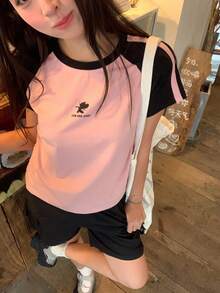TOM AND JERRY X DAZY Women's Casual Round Neck Contrast Color Raglan Sleeve T-Shirt, Summer Cute Top - Pink - View 8