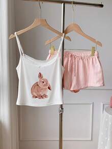 Comfortcana Conjunto de dos piezas casual para uso diario de mujer con top de tirantes y shorts con patchwork de encaje y estampado de dibujos animados - Rosa - Ver 3