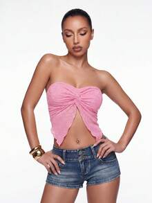 SHEIN ICON Spring  Twist Front Split Hem Tube Pink Top - Pink - View 8