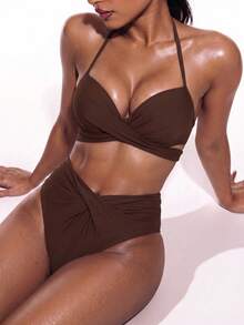 Swim Basics Solid Color Bikini Swimwear, Wireless - Brown - View 1