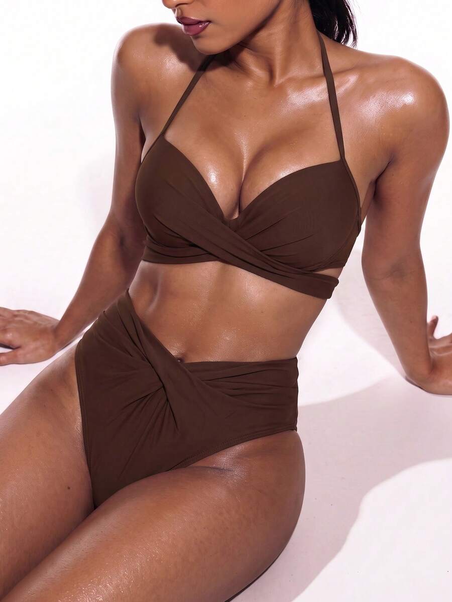 Swim Basics Solid Color Bikini Swimwear, Wireless - Brown - View 1