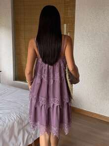DAZY Women's Solid Color Contrast Lace Ruffle Strap Nightgown - Purple - View 2